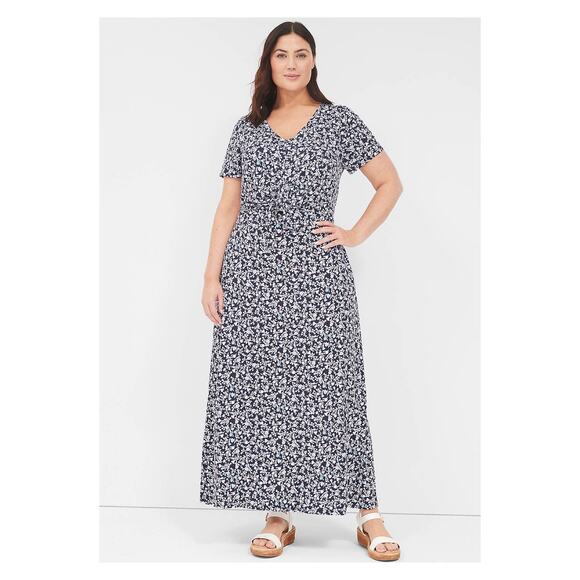 Lane Bryant Blue&Purple Floral V Neck Waist Knot Jersey Maxi Dress Sz.26/28 - Picture 1 of 15